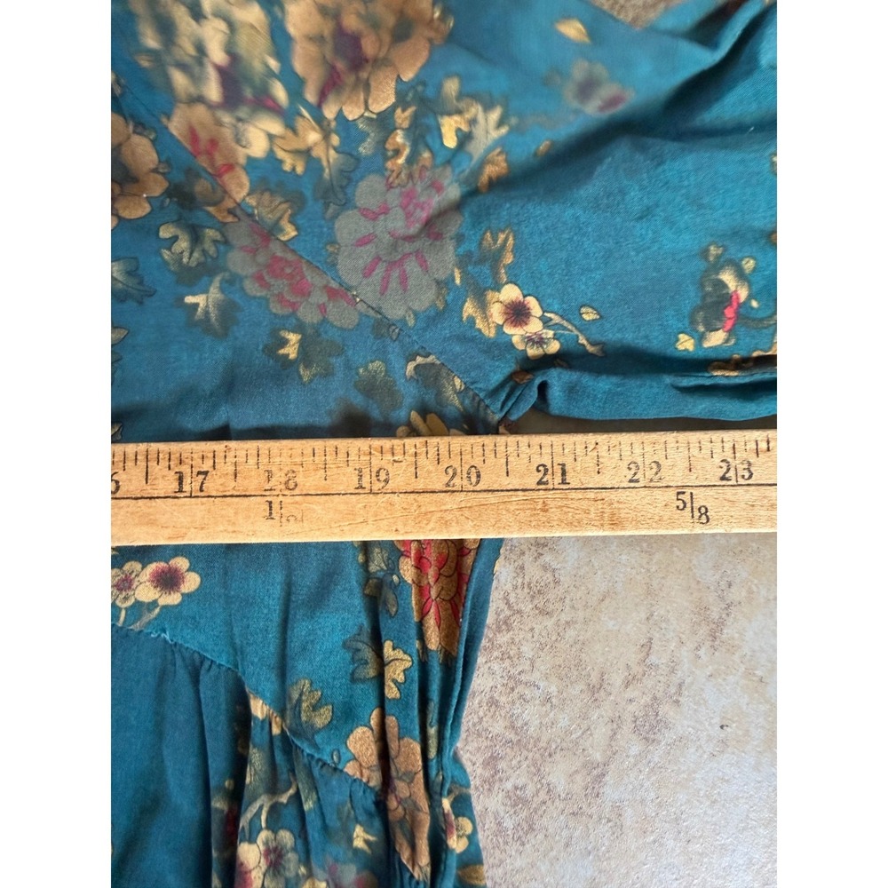 Natural Life Teal Floral Tiered Rebecca Midi Dress Large Rayon Boho Puff Sleeve - Picture 8 of 9